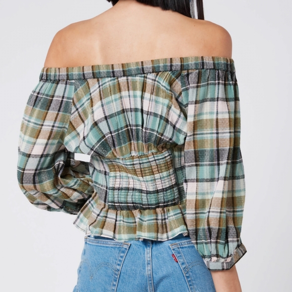 Free People Teagan Plaid Puff Sleeve Top in Teal Combo size Medium - Picture 2 of 8